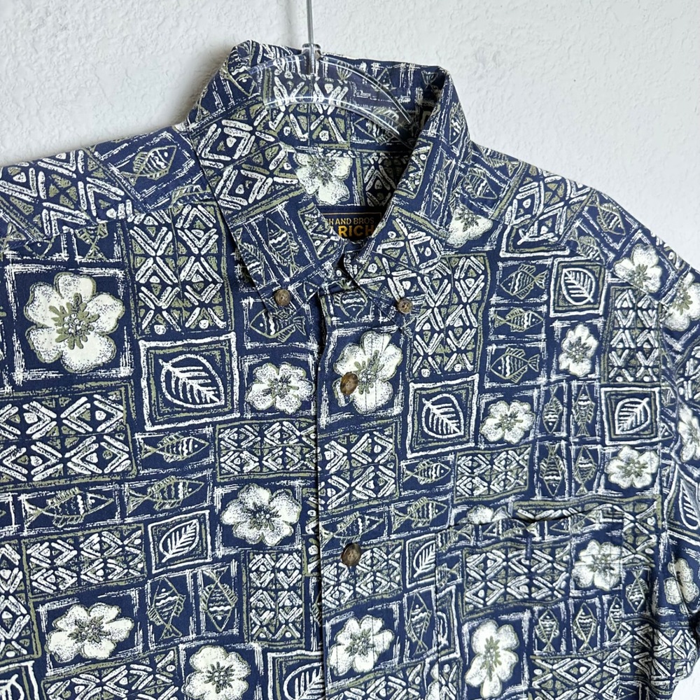 Woolrich‎ John Rich Bros Mens Blue Tropical Fish Hibiscus Block Print Shirt L